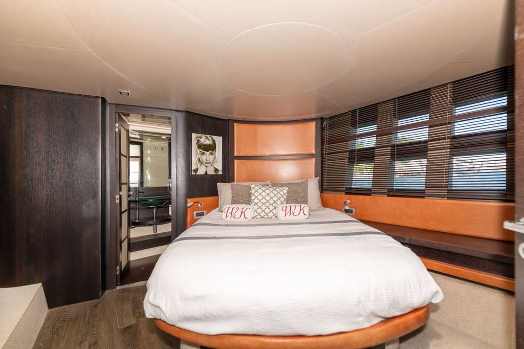 Guest cabin with leather headboard